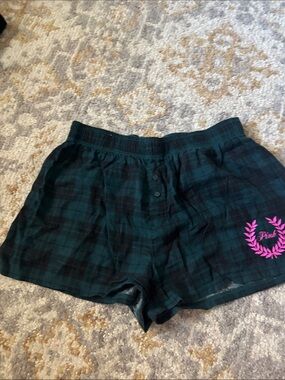 PINK Victoria's Secret Dark Green Plaid Lounge Shorts with Pink Logo
